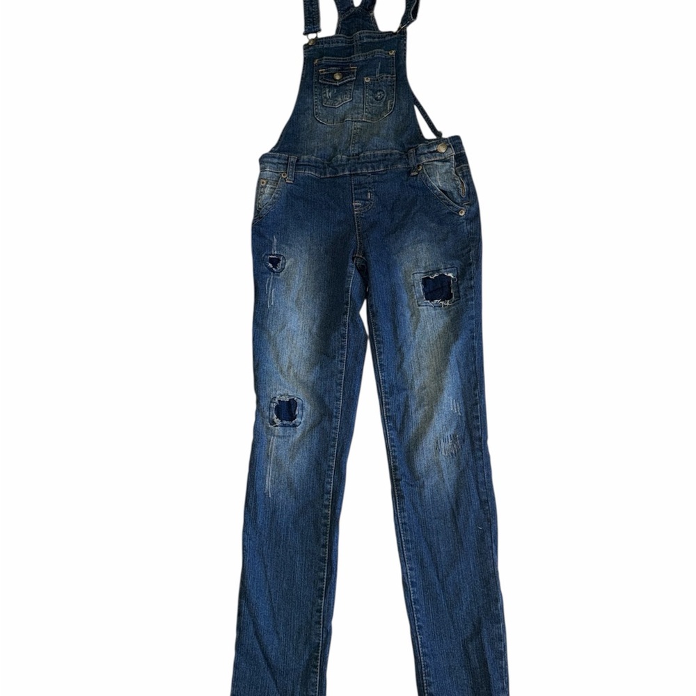 Rue 21 Distressed Denim Overalls Juniors 1/2 NWT Y2K Patchwork Blue Jeans